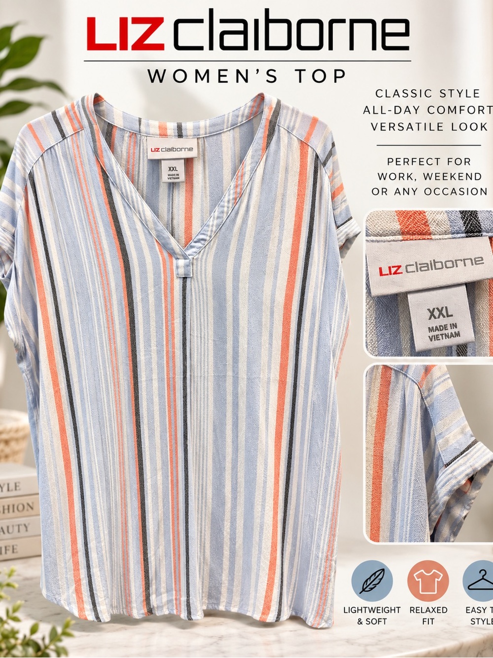 Liz Claiborne Blue, Orange & White Striped V-Neck Top